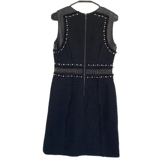 Rebecca Taylor Dress Black Tweed Studded Sleeveless Lamb Leather Fray - Picture 10 of 12